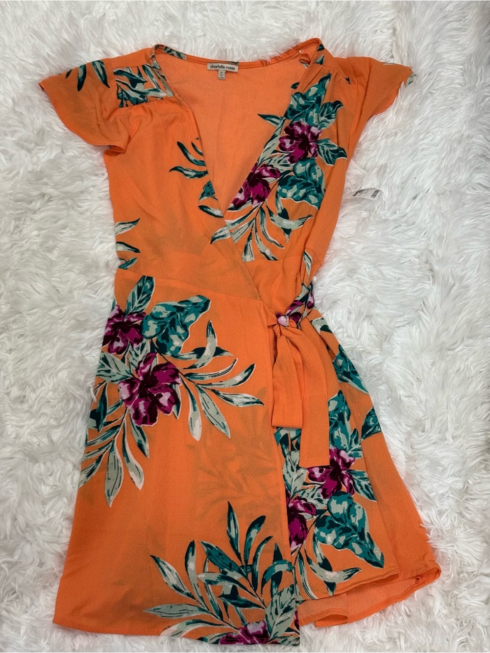 Charlotte Russe Orange Floral Wrap Dress with Teal & Purple Accents